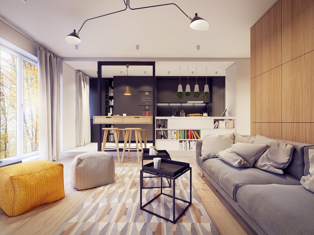 Krásný moderní obývací pokoj interiér s dřevěným obložením.
