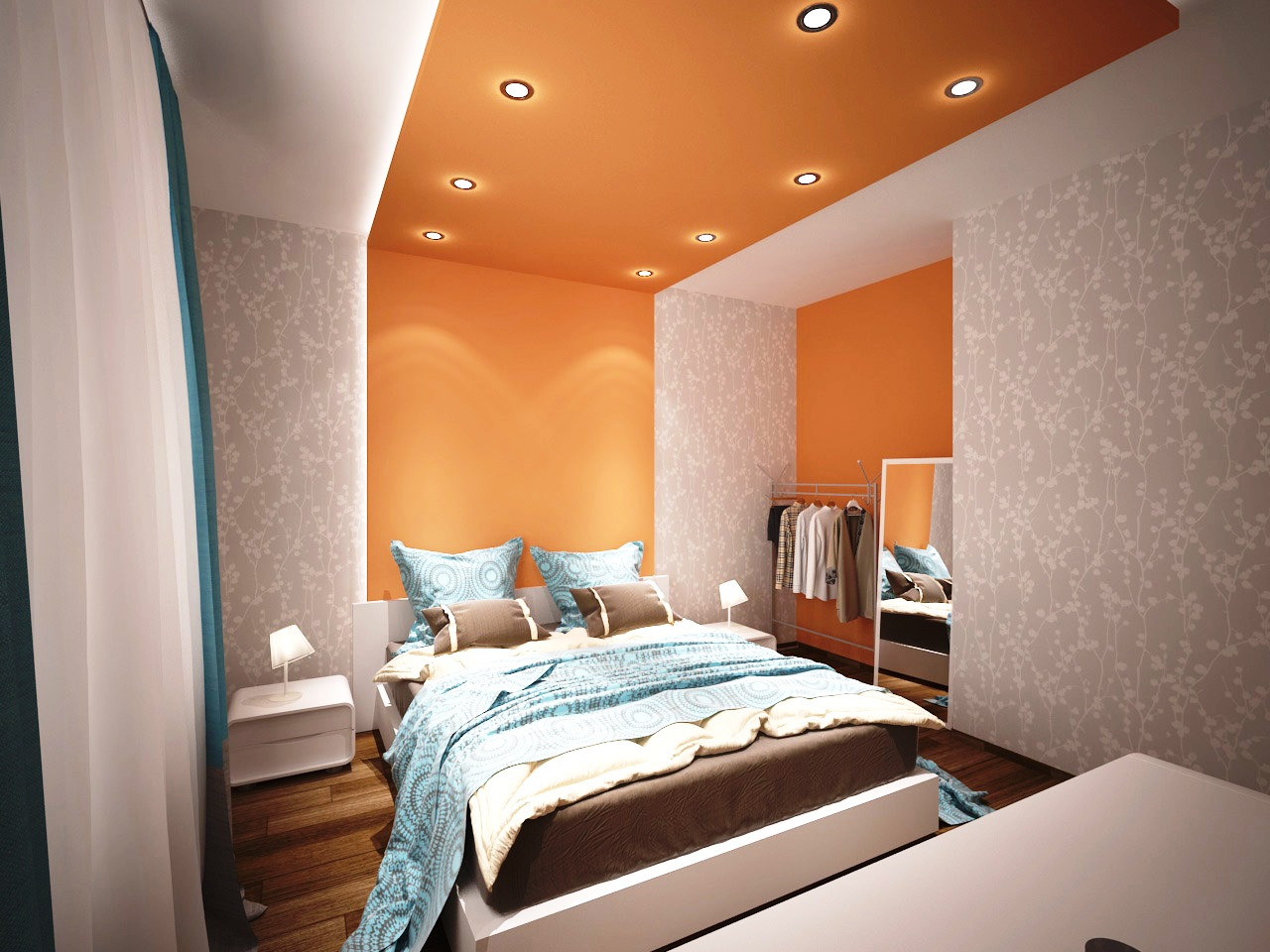 Λευκή-πορτοκαλί οροφή στην κρεβατοκάμαρα