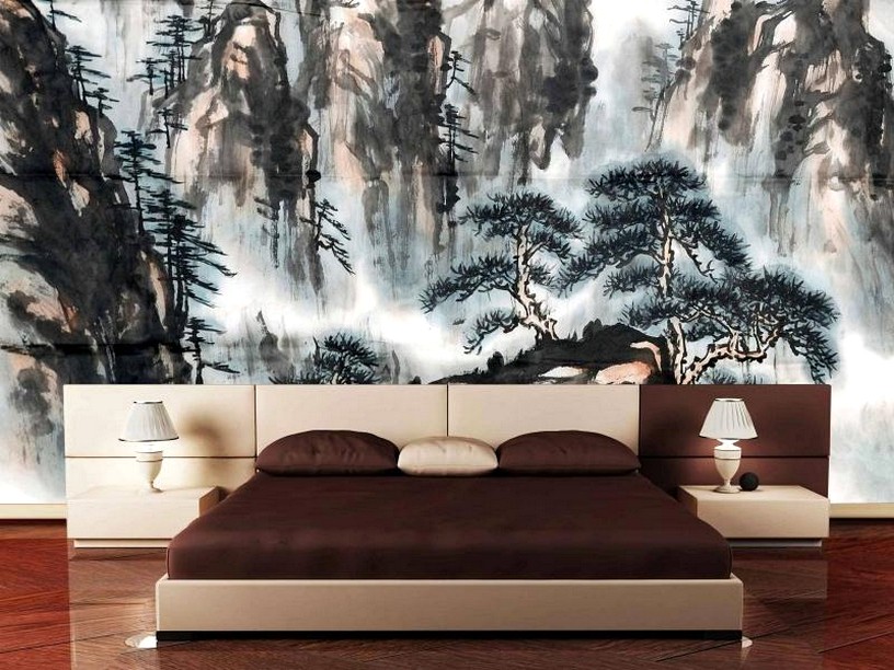 Τοίχος τοιχογραφία με το τοπίο πάνω από το κρεβάτι στο υπνοδωμάτιο