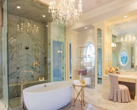 Crystal chandelier in the bathroom with a dressing table