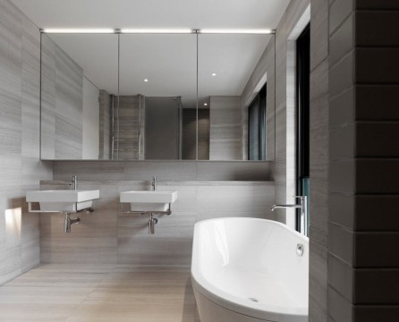 Several shades of gray in the interior of the bathroom