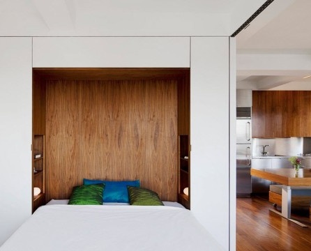 The main feature of the bedroom is the bed, built into the wall