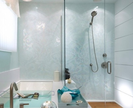 Salle de douche avec rideaux en verre