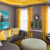 Yellow curtains in the dark living room