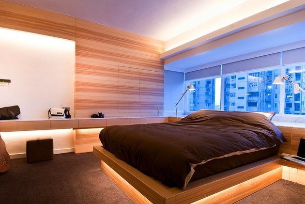Wooden wall panels in the bedroom