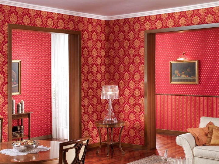 Textile wallpaper in the living room interior