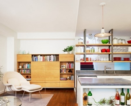 The interior of the living room combined with the kitchen