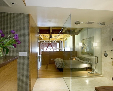 Vannas istaba un duša guļamistabas interjerā