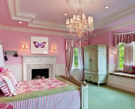 Różowa zielona sypialnia