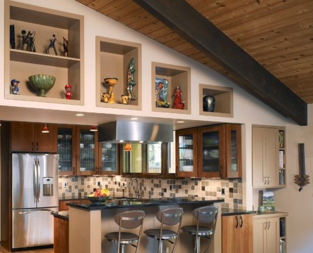 Niches in the kitchen in a house made of timber