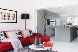 Gray interior with red furniture