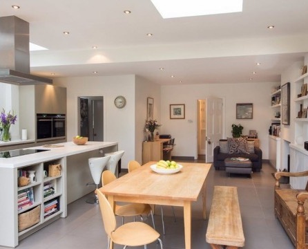 التصميم الداخلي الحديث لغرفة المعيشة في المطبخ