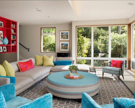 The colorful interior of the living room of a country house