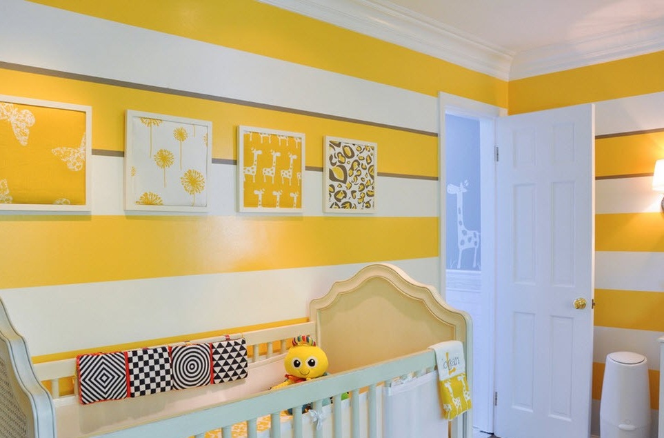 Yellow stripes on a nursery wall