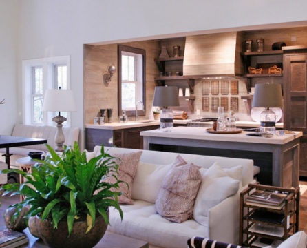 Cocina combinada con una sala de estar en un estilo moderno.