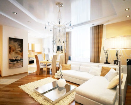 salon z białą narożną sofą