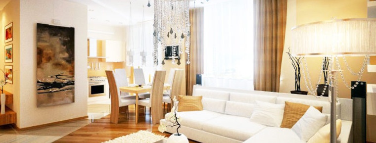 obývací pokoj s bílou rohovou pohovkou