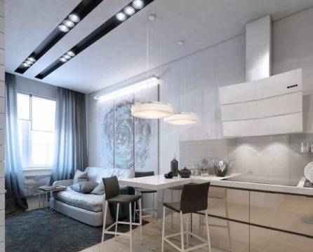 minimalistinen keittiö-olohuone
