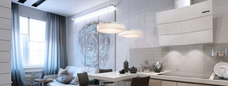 minimalistiskt kök-vardagsrum