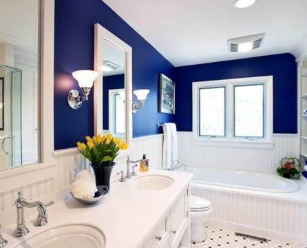 zilā un baltā vannas istabas apdare