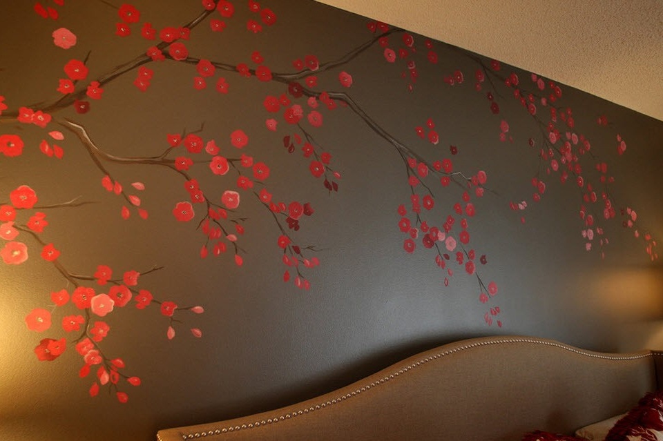 Sakura gren på fototapetet