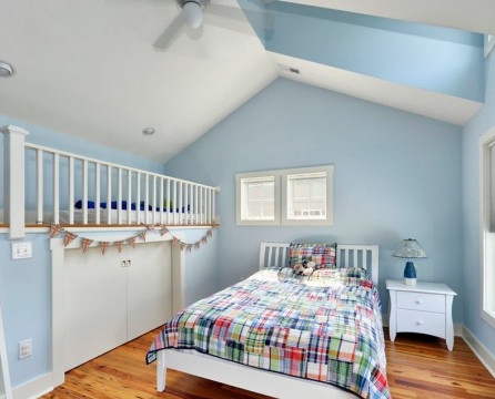 The combination of blue and white in the nursery