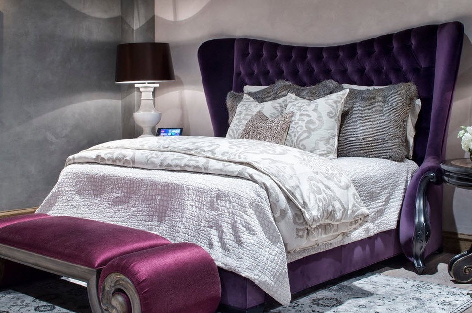 Bed with purple headboard