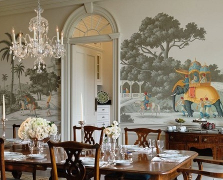 Wall mural in a classic living room