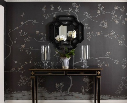 Black wallpaper with white patterns.
