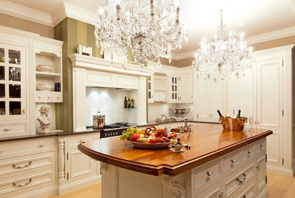 Two crystal chandeliers in the kitchen
