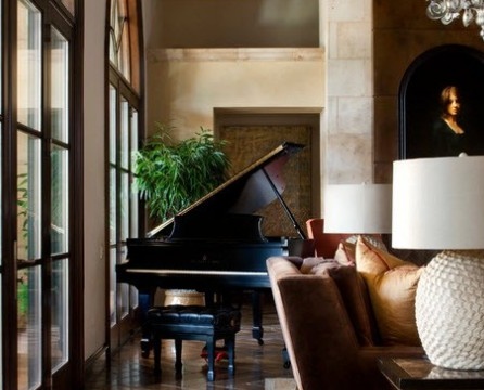 Piano in front of a large window