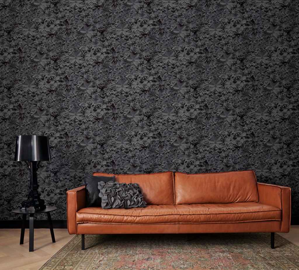 Living room with black volume effect wallpaper