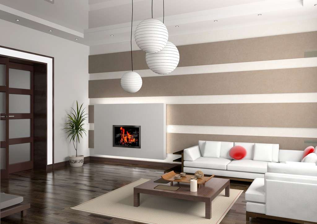 Světlý design obývacího pokoje s krbem