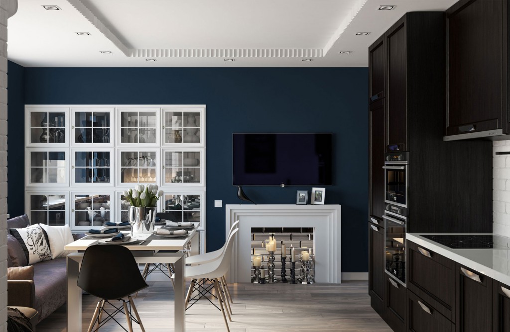 Kombinert sort / hvitt stue og kjøkken