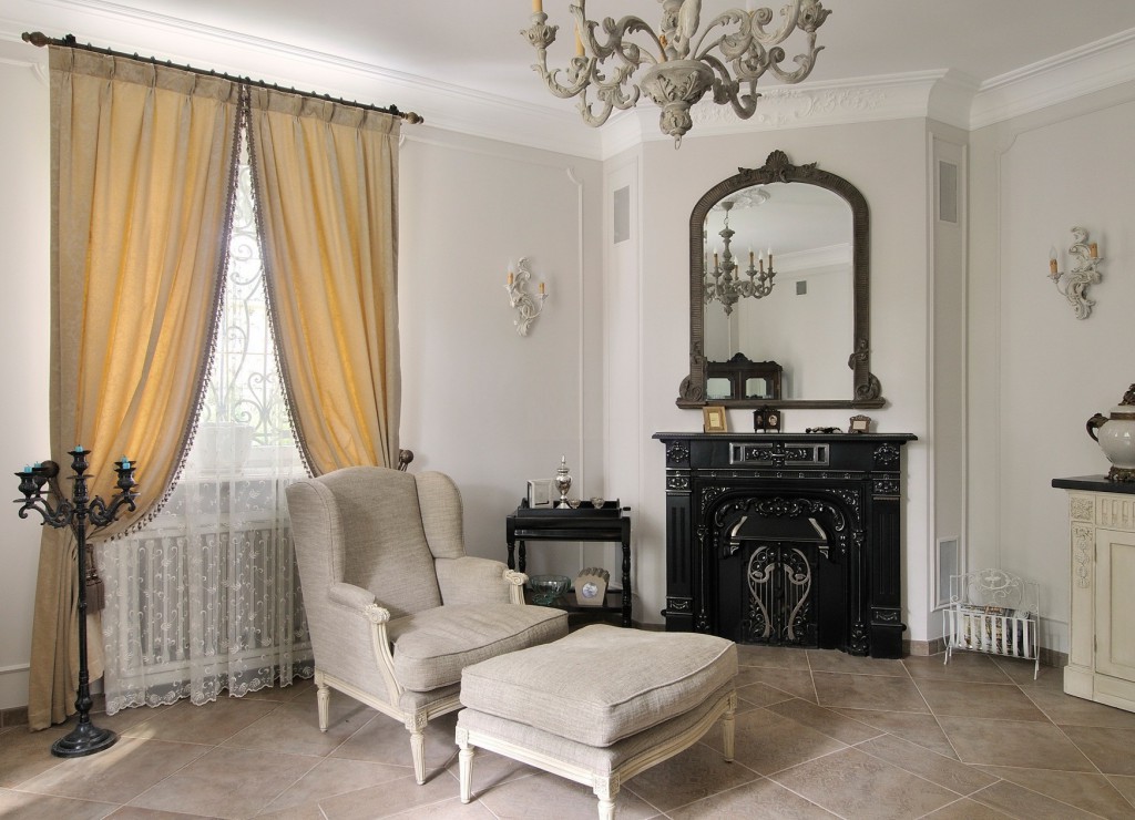 Beige curtains in the gothic interior of the living room
