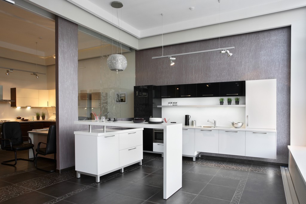 Black and white kitchen with island.