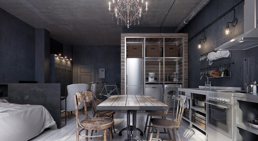 Cozinha cinza elegante com uma mistura de moderno e antigo