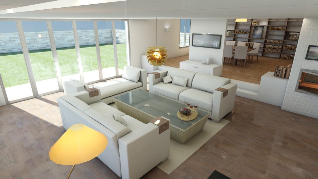 Hvite sofaer med komfortable coasters i stuen