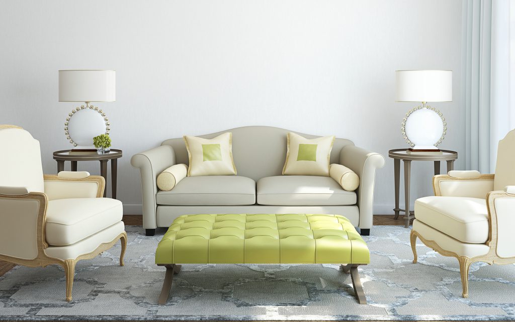 Sofa abu-abu berwarna hijau di ruang tamu