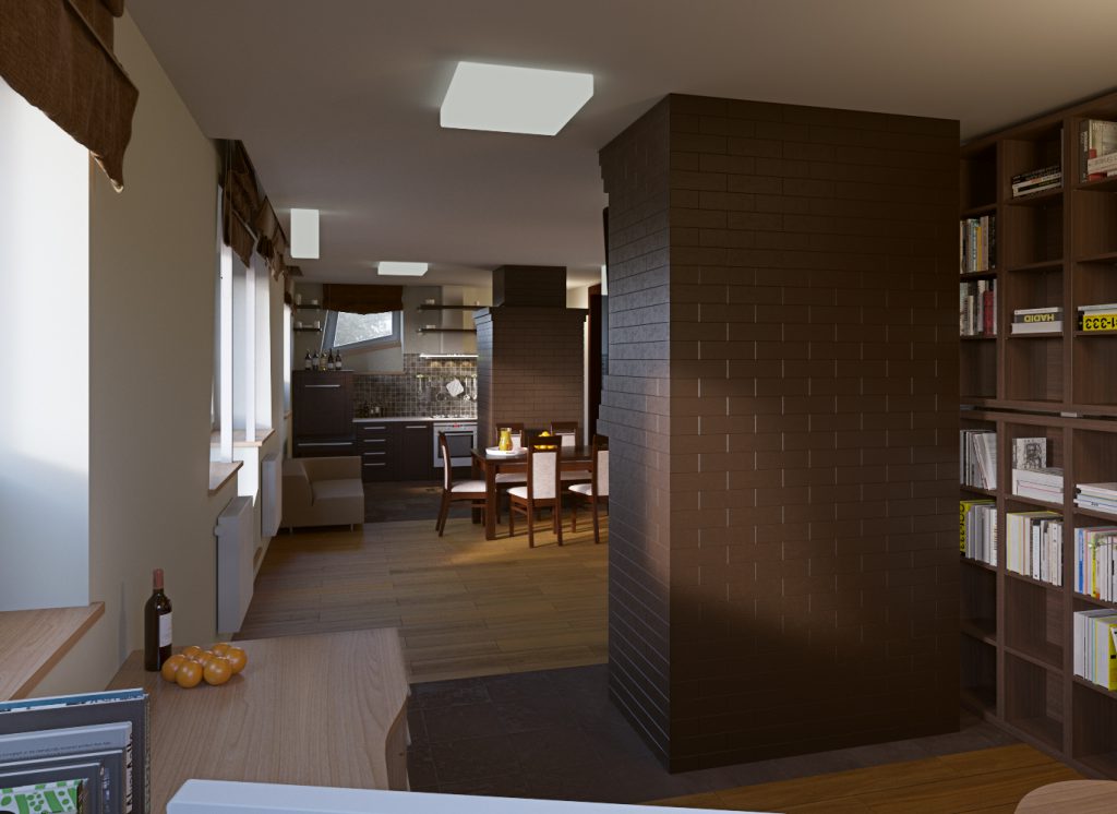 Moderne interiør i stue og kjøkken