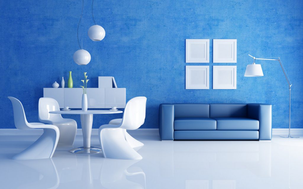 Màu trắng, xanh dương và xanh dương trong nội thất phòng khách