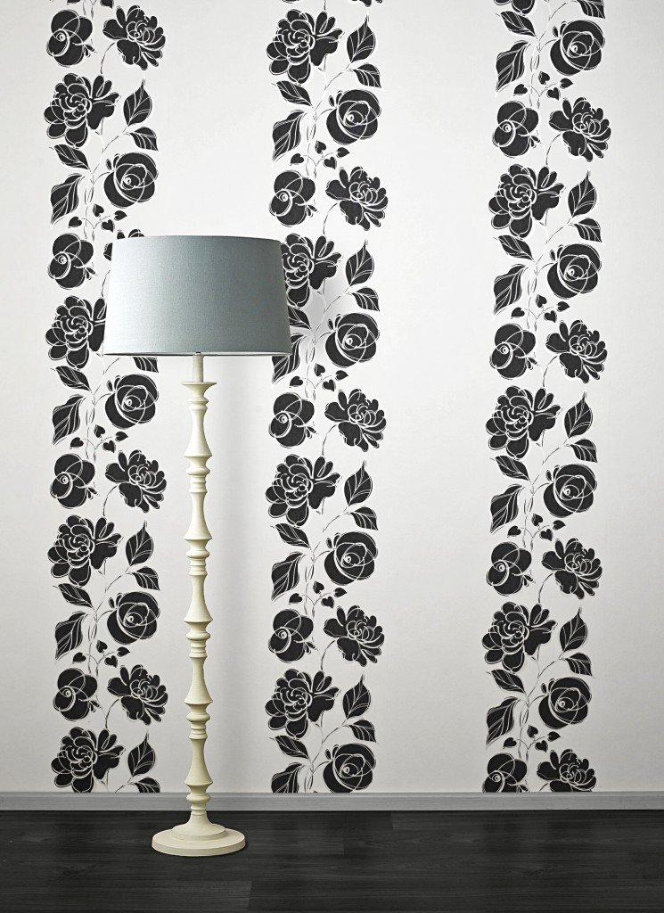 White wallpaper with black flowers for the hallway
