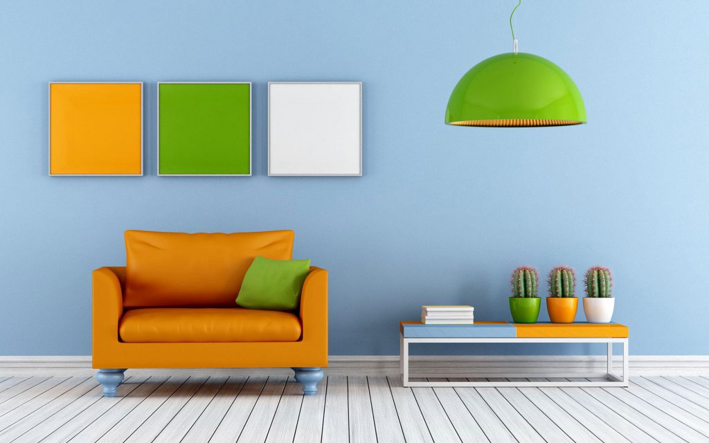V obývacej izbe sú jasne oranžové a zelené akcenty