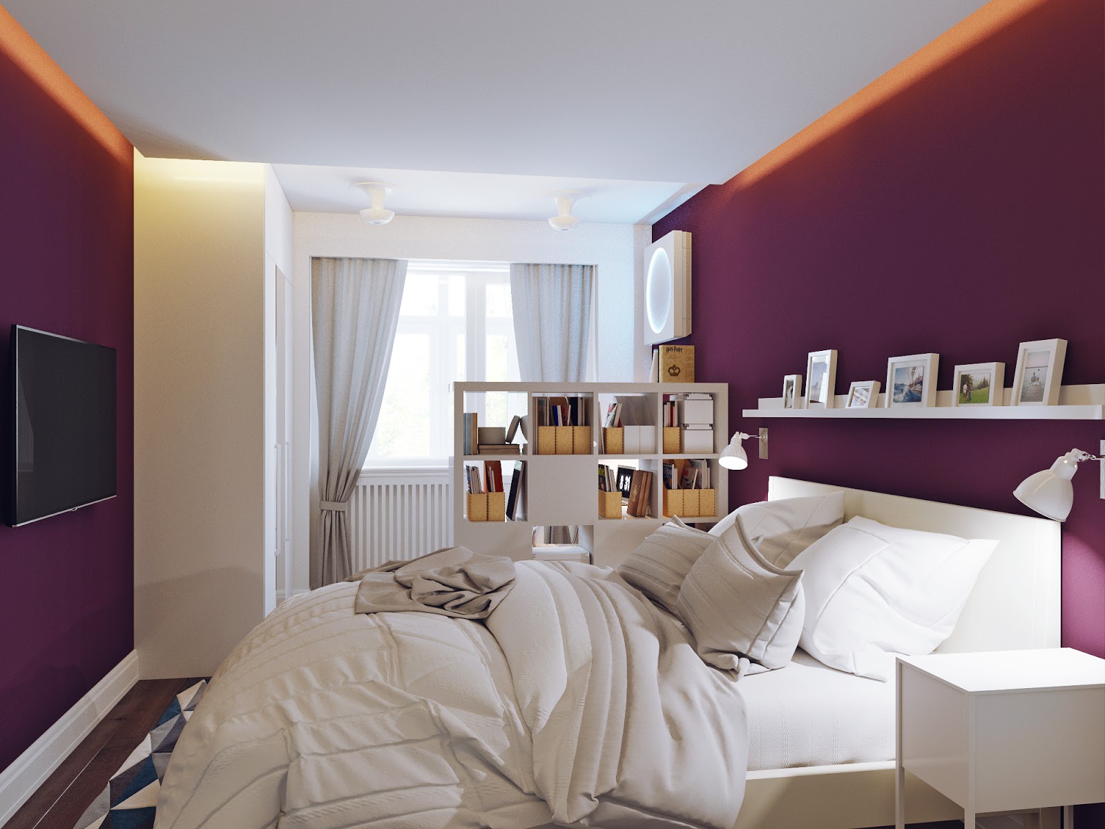 Υπνοδωμάτιο με μοβ και λευκούς τοίχους