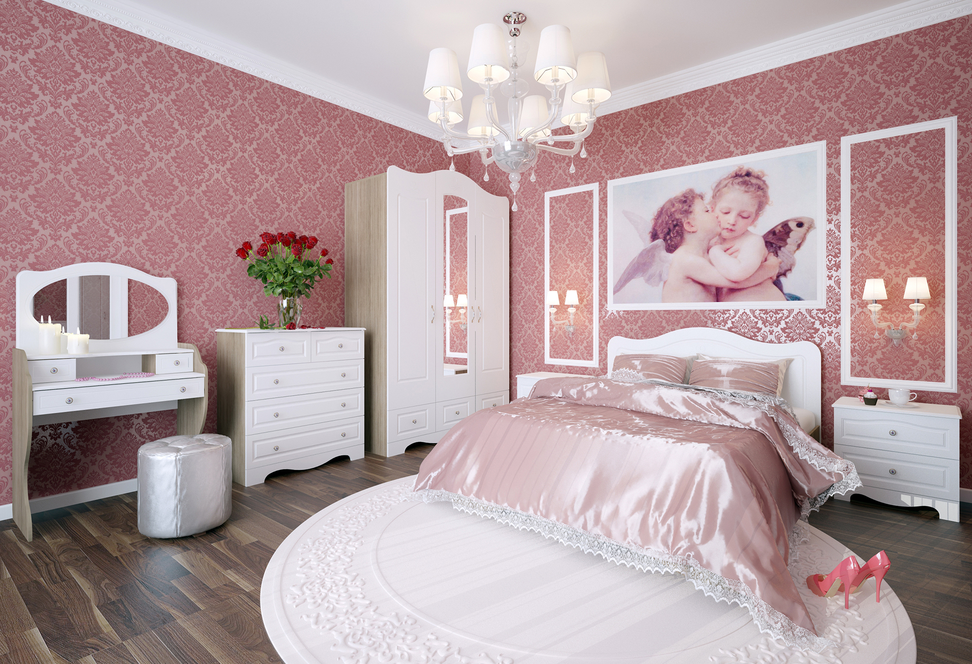 Όμορφος πολυέλαιος στο ροζ υπνοδωμάτιο