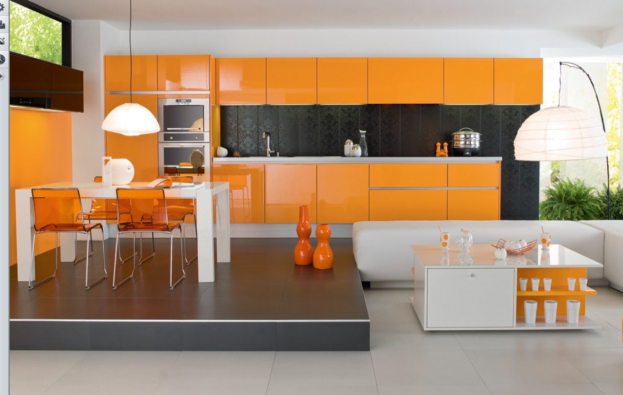Φωτεινή πορτοκαλί κουζίνα με Art Nouveau βάθρο