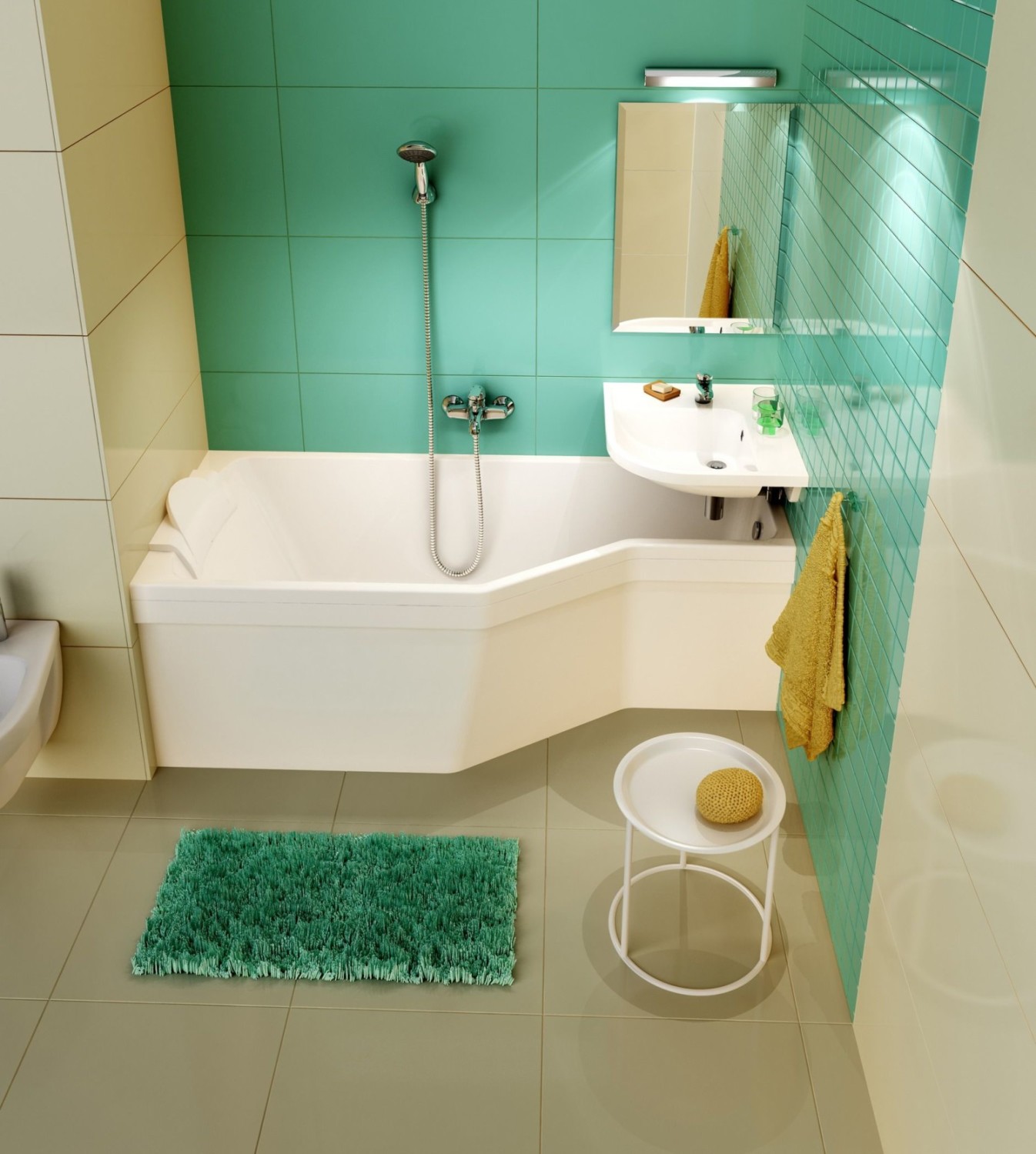 Μπεζ, λευκά και πράσινα χρώματα στο εσωτερικό του μπάνιου.