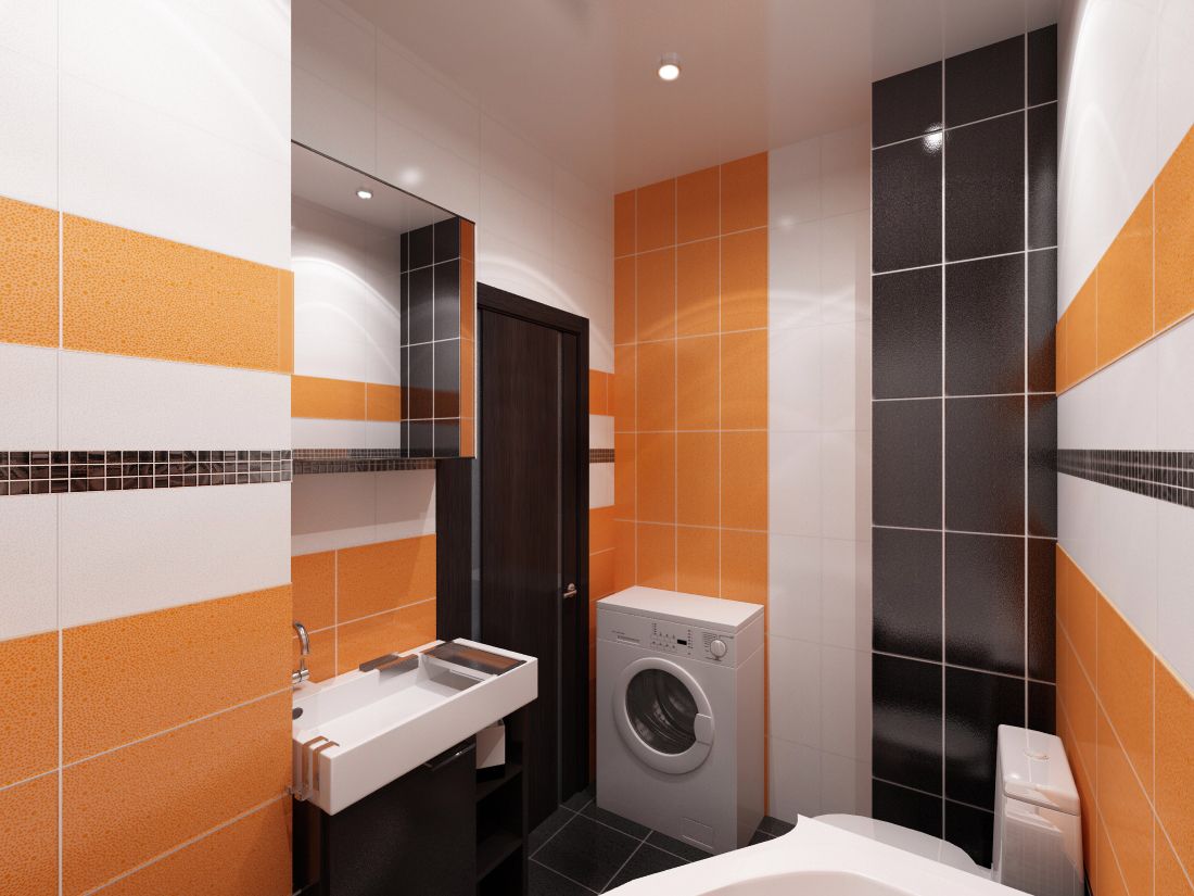 Πορτοκαλί, ασπρόμαυρα χρώματα στο εσωτερικό ενός μικρού μπάνιου