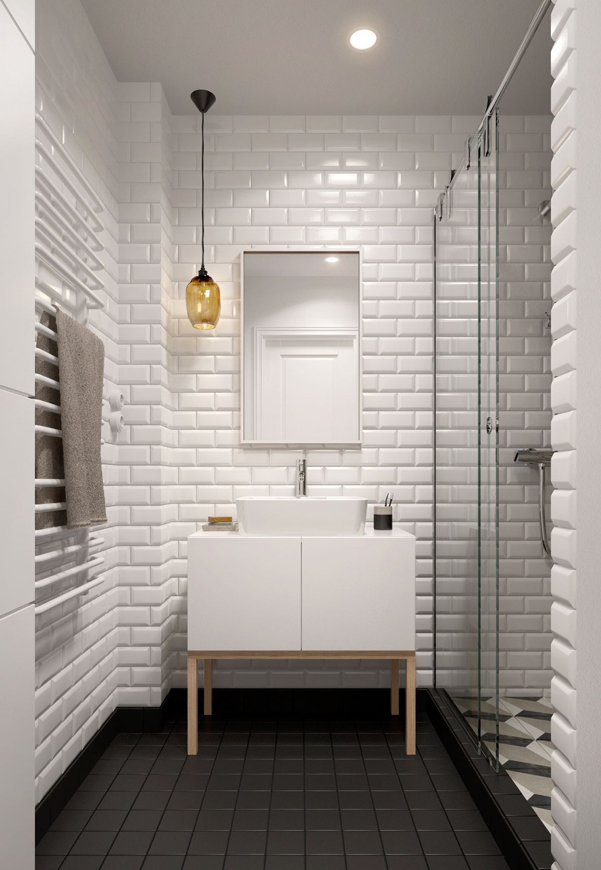 Λευκά τούβλα πλακάκια στο εσωτερικό του ένα ασπρόμαυρο μπάνιο 5 τ.μ.