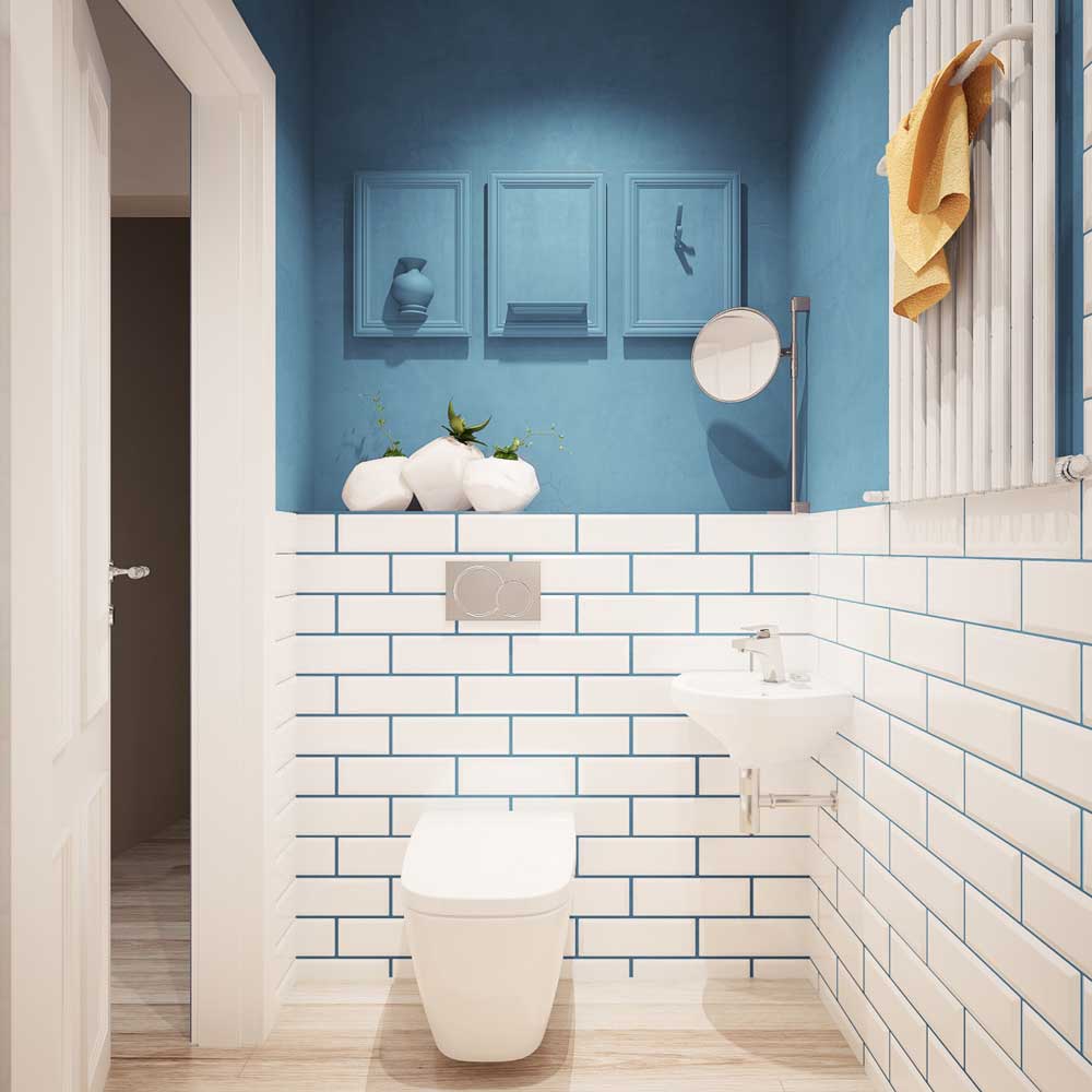 Μπλε και άσπρη διακόσμηση τοίχων μπάνιου
